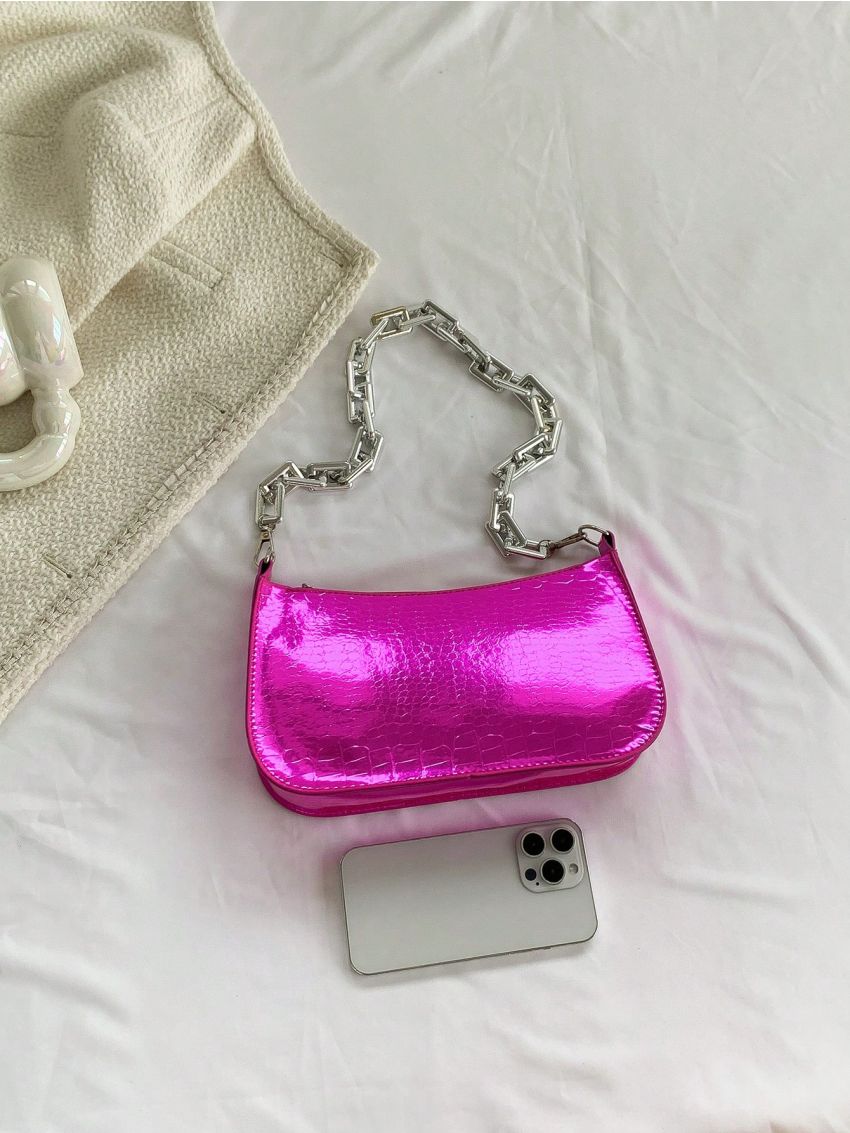 Crocodile Embossed Hobo Bag Hot Pink Funky Chain Strap