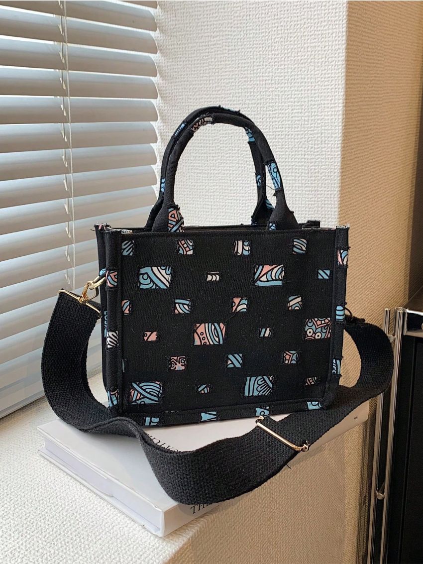 Mini Square Bag Color Block Ripped Double Handle With Zipper