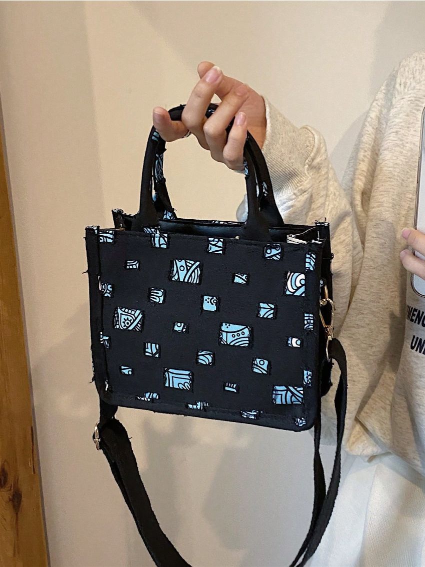 Mini Square Bag Color Block Ripped Double Handle With Zipper