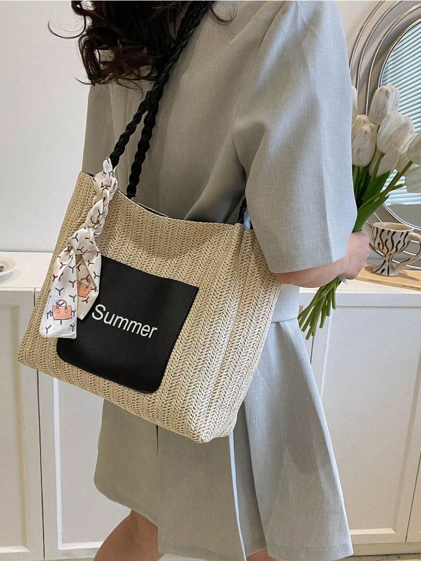 Letter Graphic Straw Bag Twilly Scarf Decor Braided Detail Double Handle Vacation