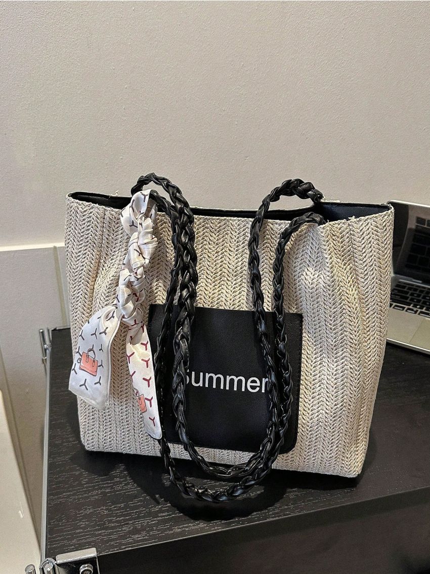 Letter Graphic Straw Bag Twilly Scarf Decor Braided Detail Double Handle Vacation