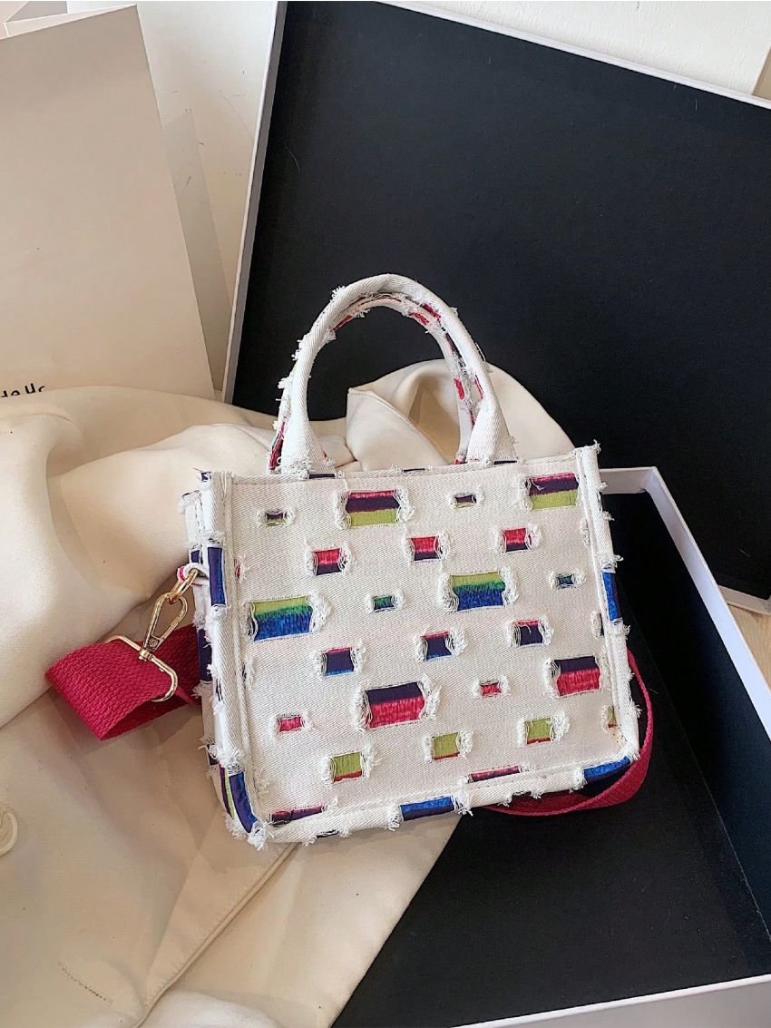Mini Square Bag Color Block Ripped Double Handle With Zipper