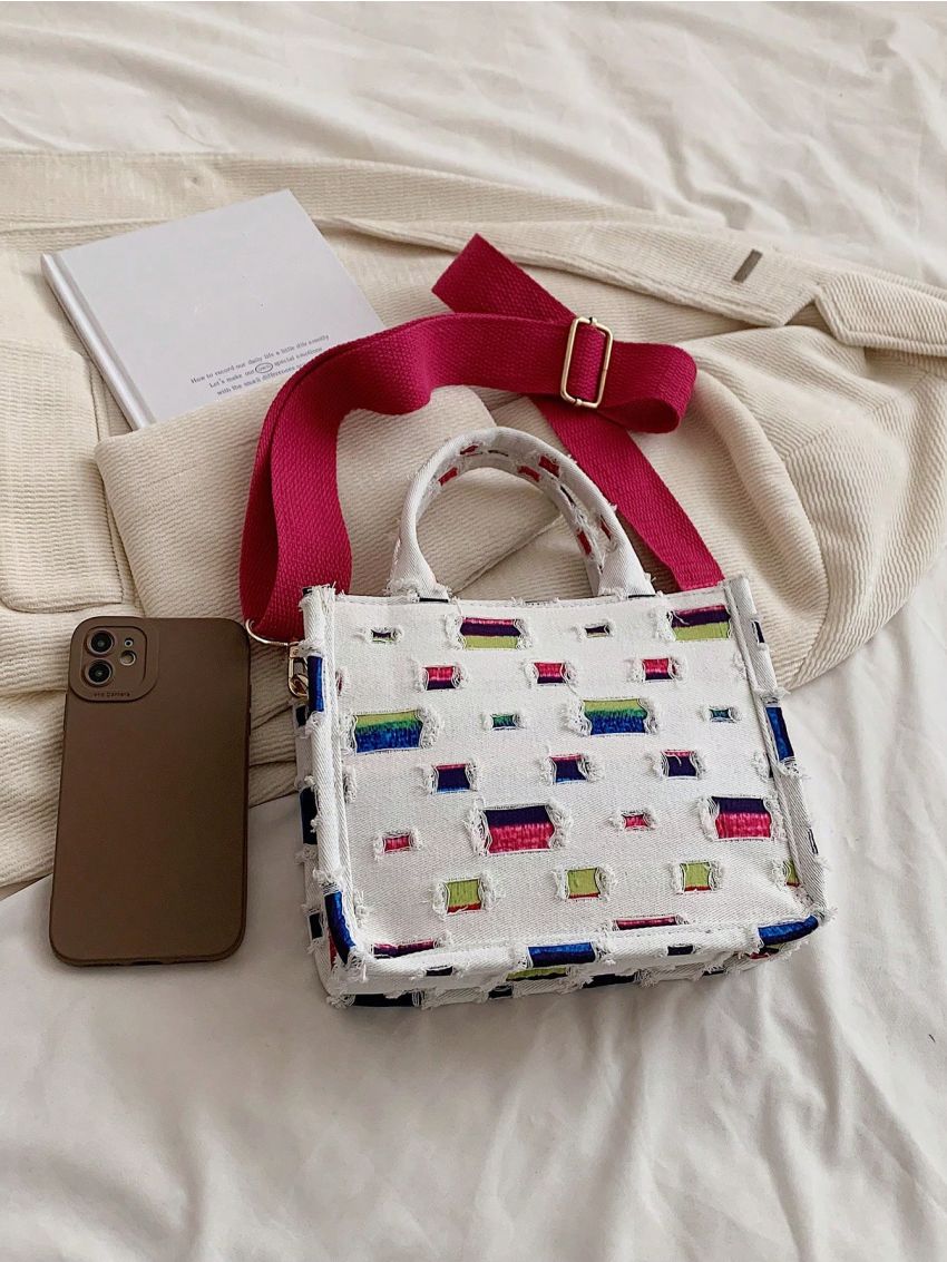 Mini Square Bag Color Block Ripped Double Handle With Zipper