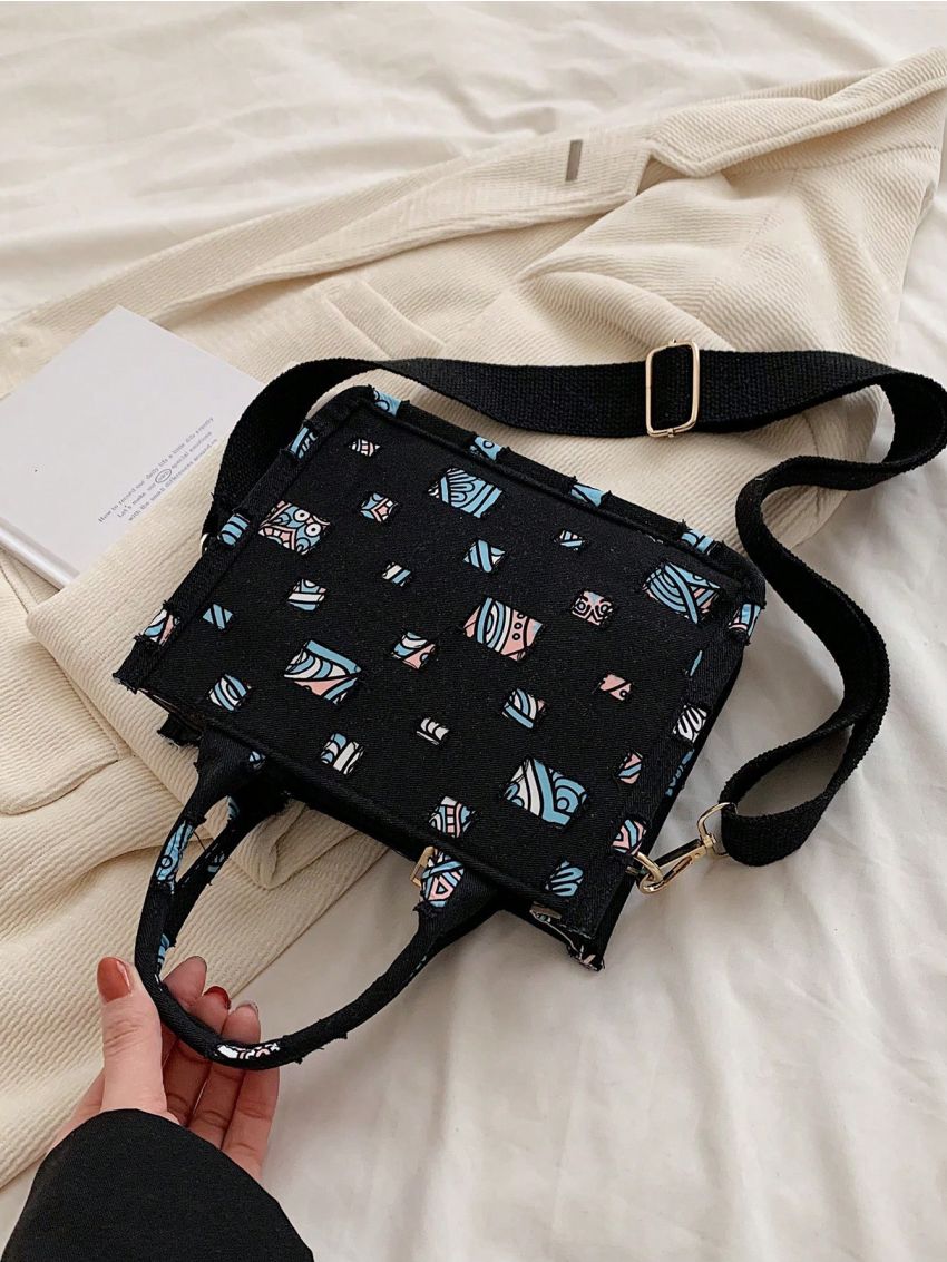 Mini Square Bag Color Block Ripped Double Handle With Zipper