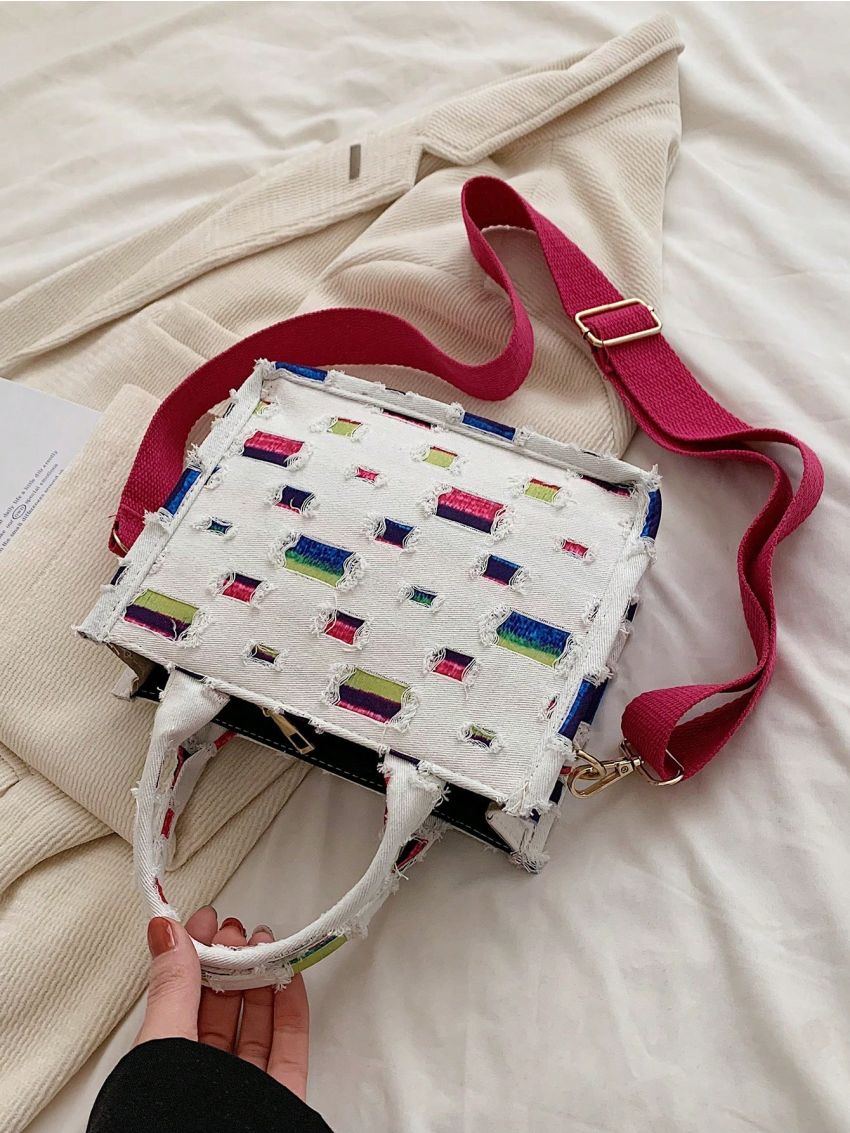 Mini Square Bag Color Block Ripped Double Handle With Zipper