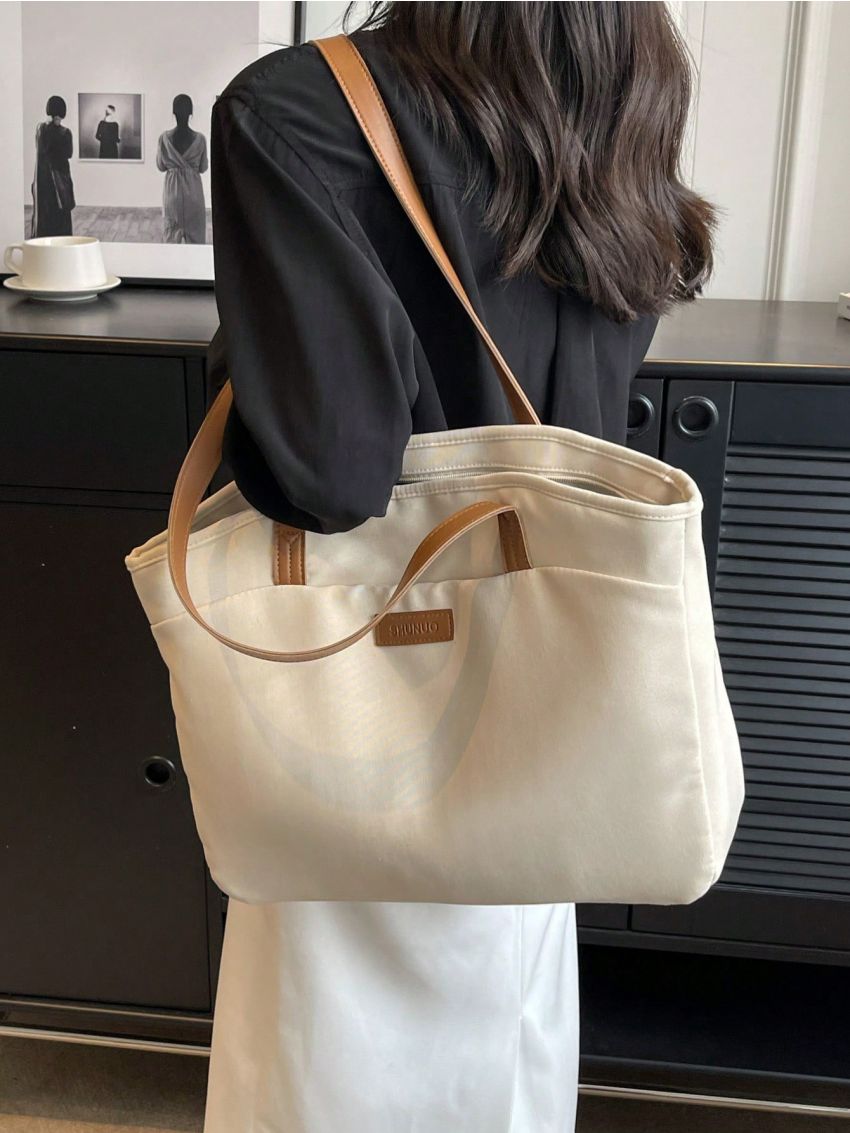 Large Shoulder Tote Bag Letter Patch Decor Double Handle With Zipper