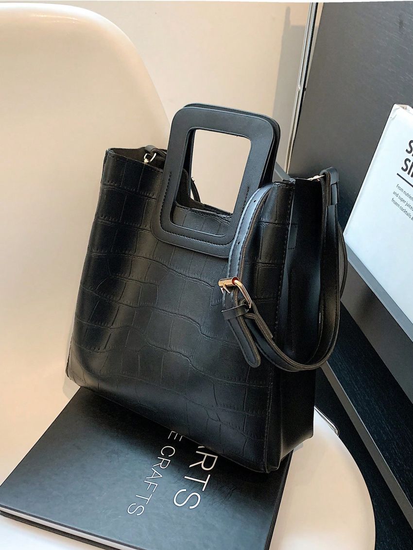 Black Bucket Bag Crocodile Embossed Double Handle PU