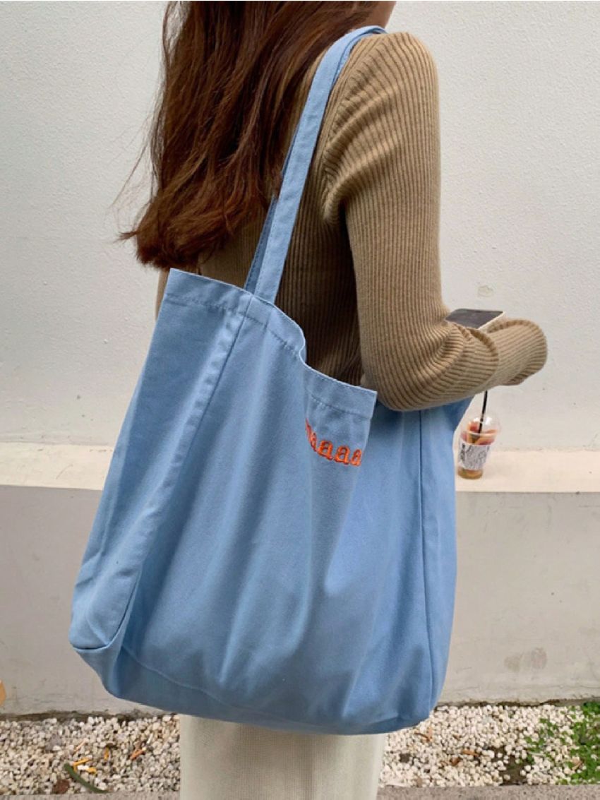 Letter Embroidery Shopper Bag Double Handle No-closure, Large Capacity Tote Bag For Work And Travel