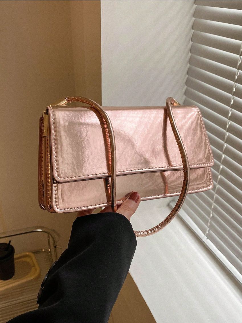 Small Square Bag Metallic Rose Gold Flap PU