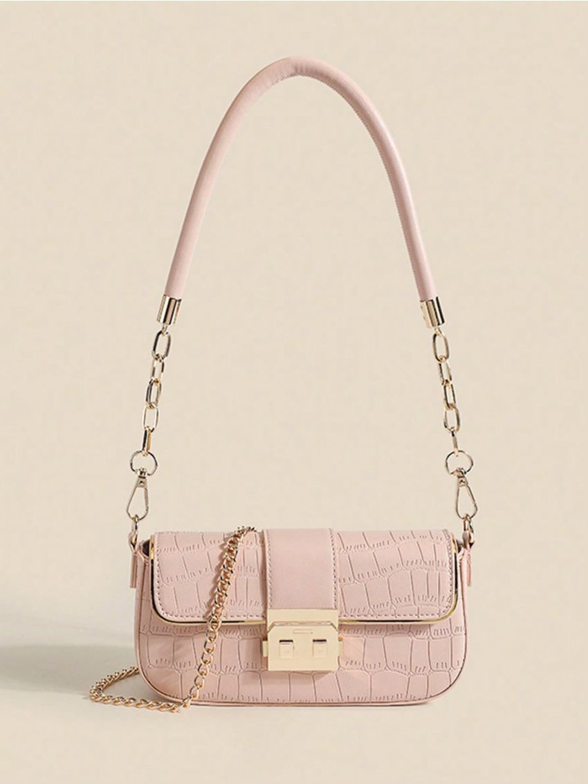 Small Flap Baguette Bag Crocodile Embossed Metal Decor