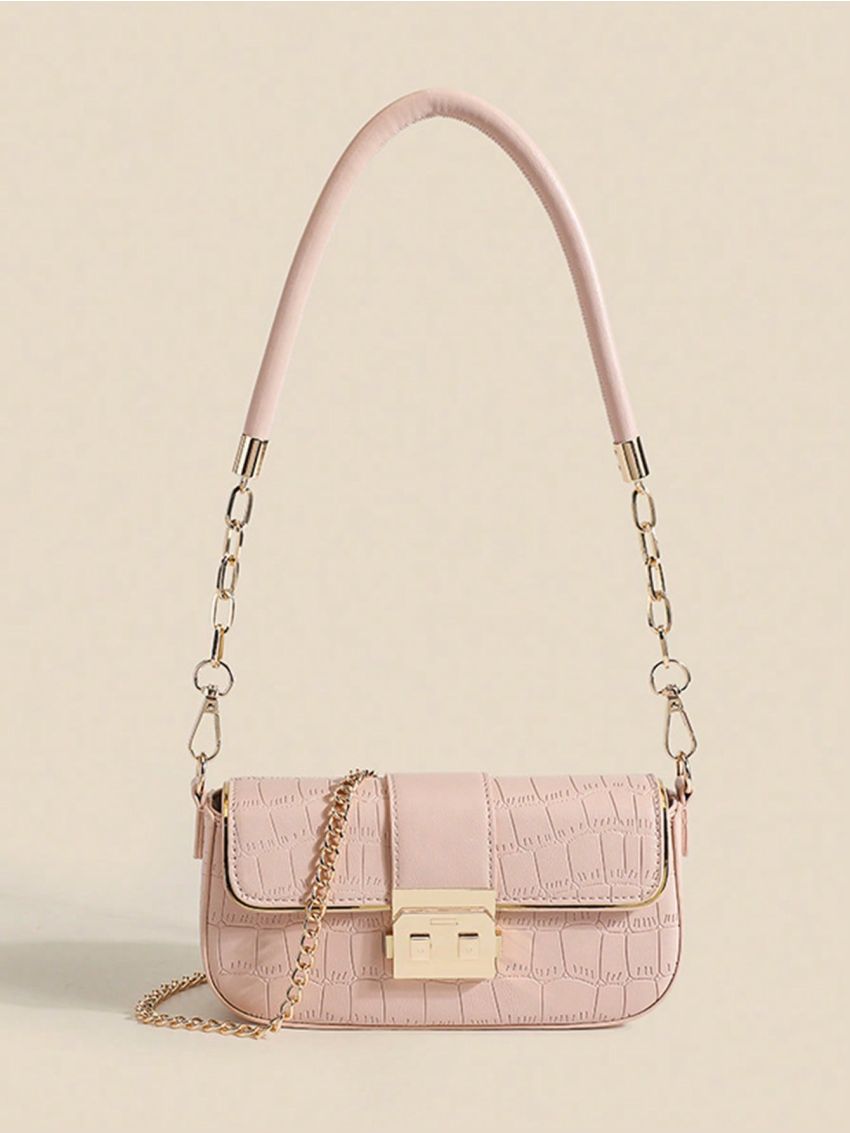 Small Flap Baguette Bag Crocodile Embossed Metal Decor