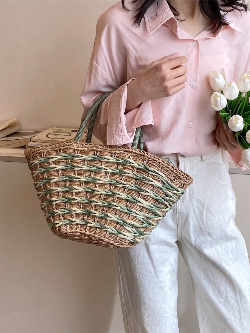 Medium Straw Bag Double Handle Vacation Style