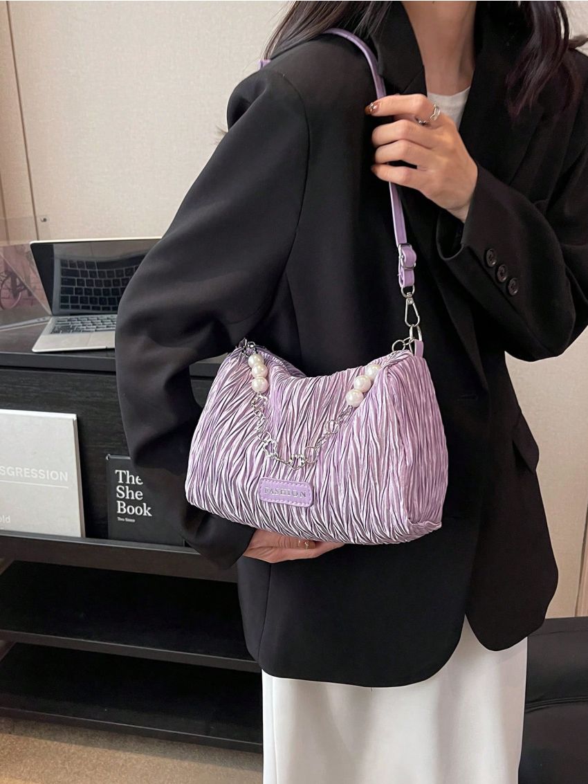 Faux Pearl Decor Ruched Bag Fashion Letter Patch