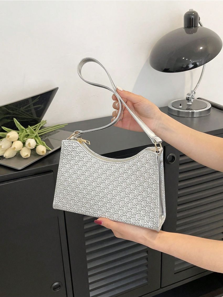 Weave Detail Baguette Bag With Zipper Metallic PU Funky