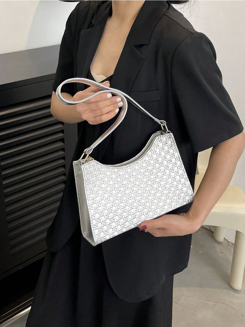 Weave Detail Baguette Bag With Zipper Metallic PU Funky