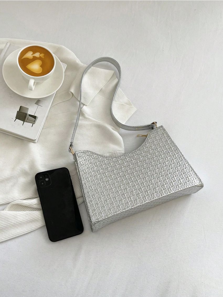 Weave Detail Baguette Bag With Zipper Metallic PU Funky