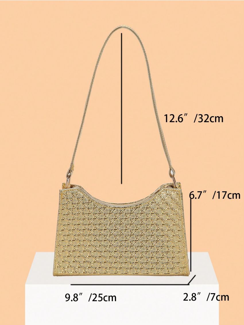 Weave Detail Baguette Bag With Zipper Metallic PU Funky
