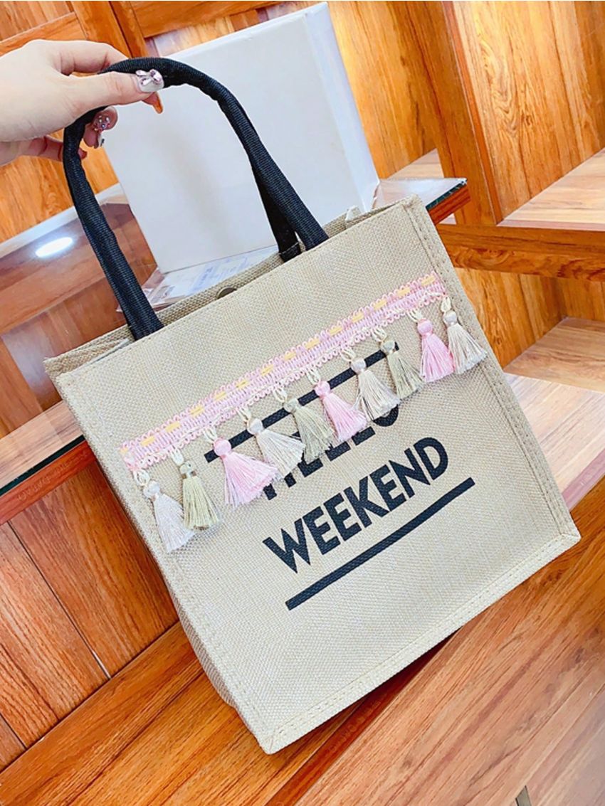 Medium Square Bag Letter Graphic Tassel Decor