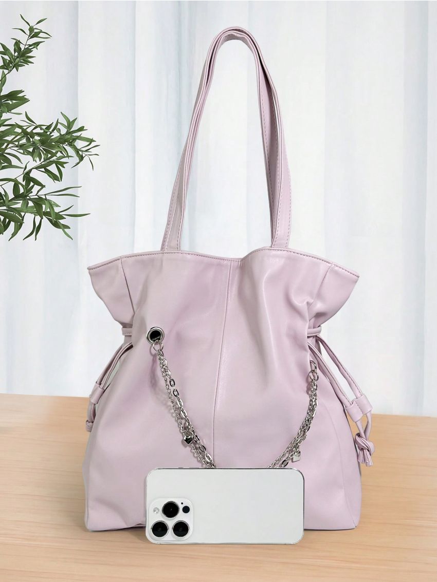 Chain & Heart Decor Shoulder Tote Bag Drawstring Design