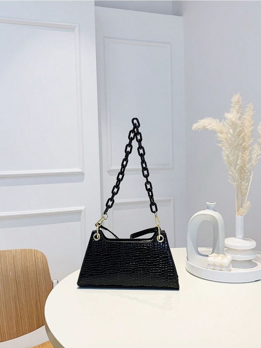 Crocodile Embossed Baguette Bag Medium Chain Strap