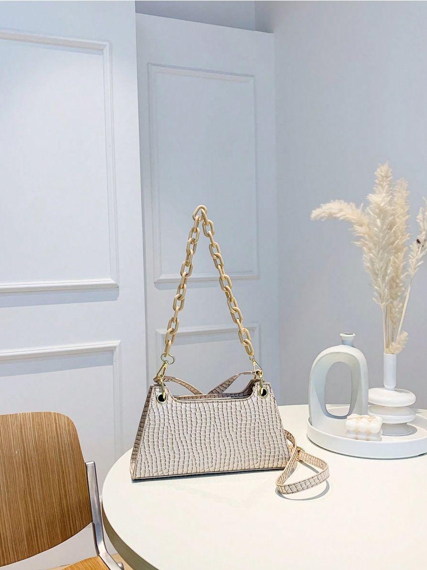 Crocodile Embossed Baguette Bag Medium Chain Strap