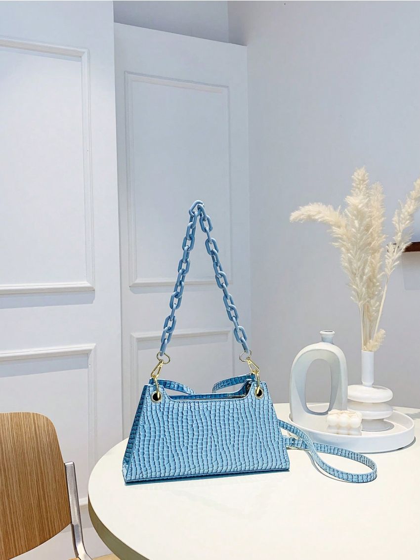 Crocodile Embossed Baguette Bag Medium Chain Strap