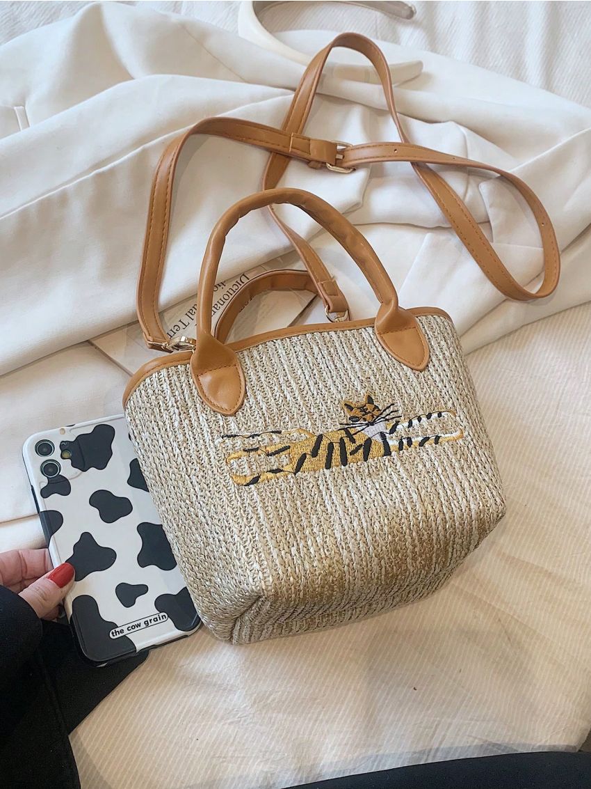 Tiger Embroidered Straw Bag Double Handle Vacation