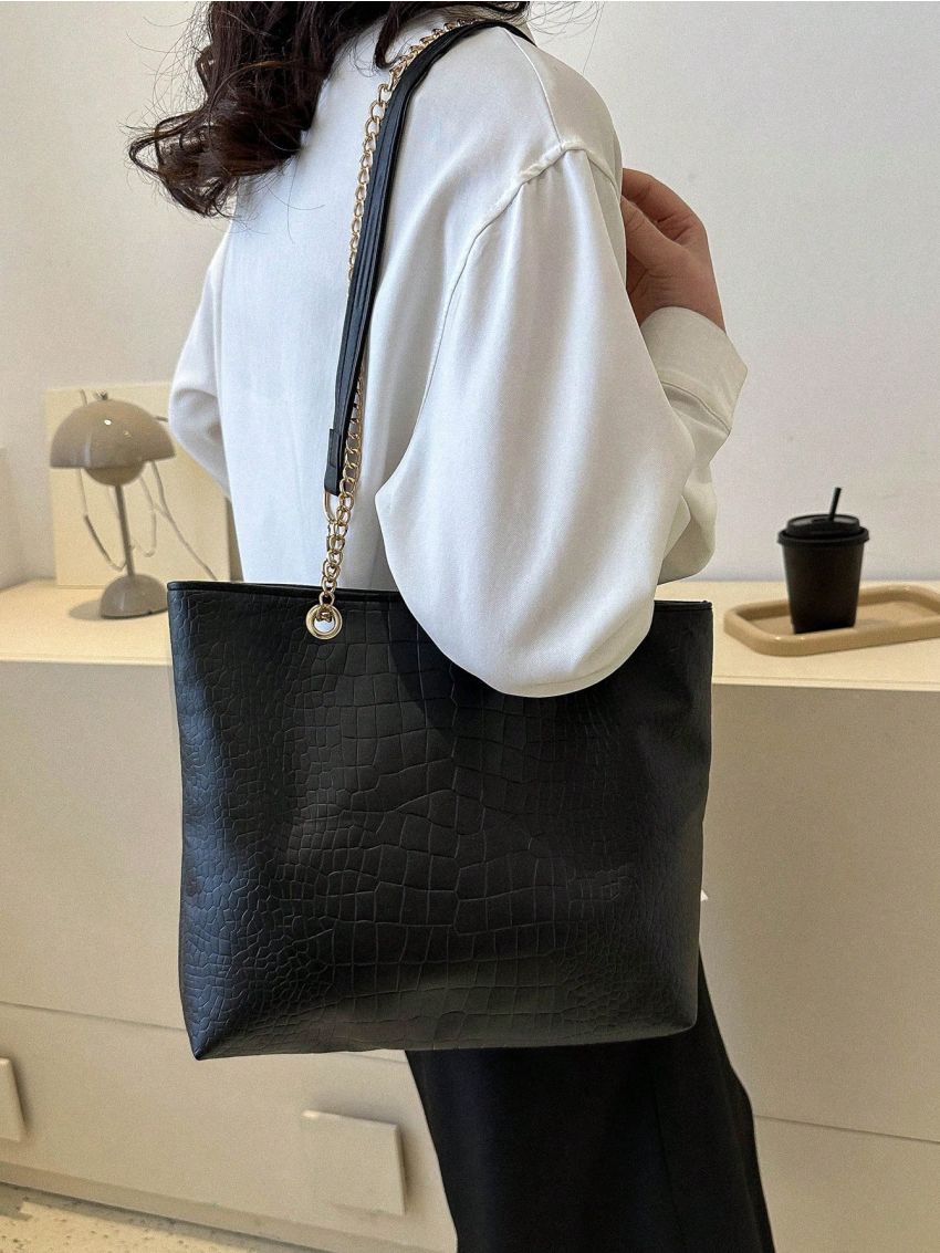 Crocodile Embossed Shoulder Tote Bag Small
