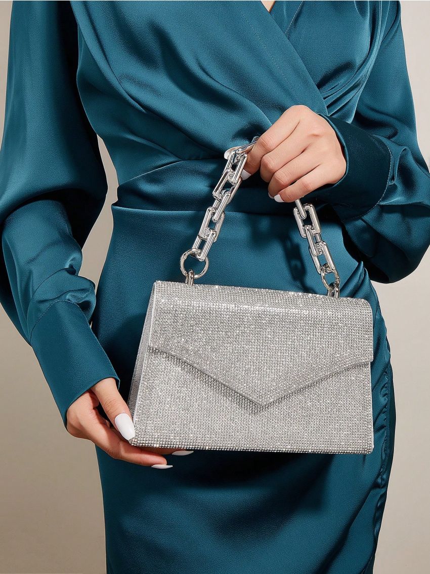 Small Flap Square Bag Rhinestone Decor Chain Handle