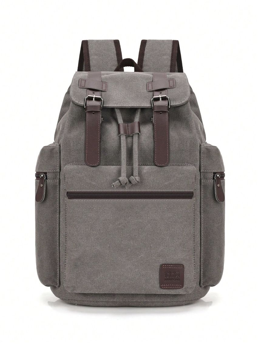 Vintage Flap Backpack Buckle Decor Drawstring Design Letter Patch Decor