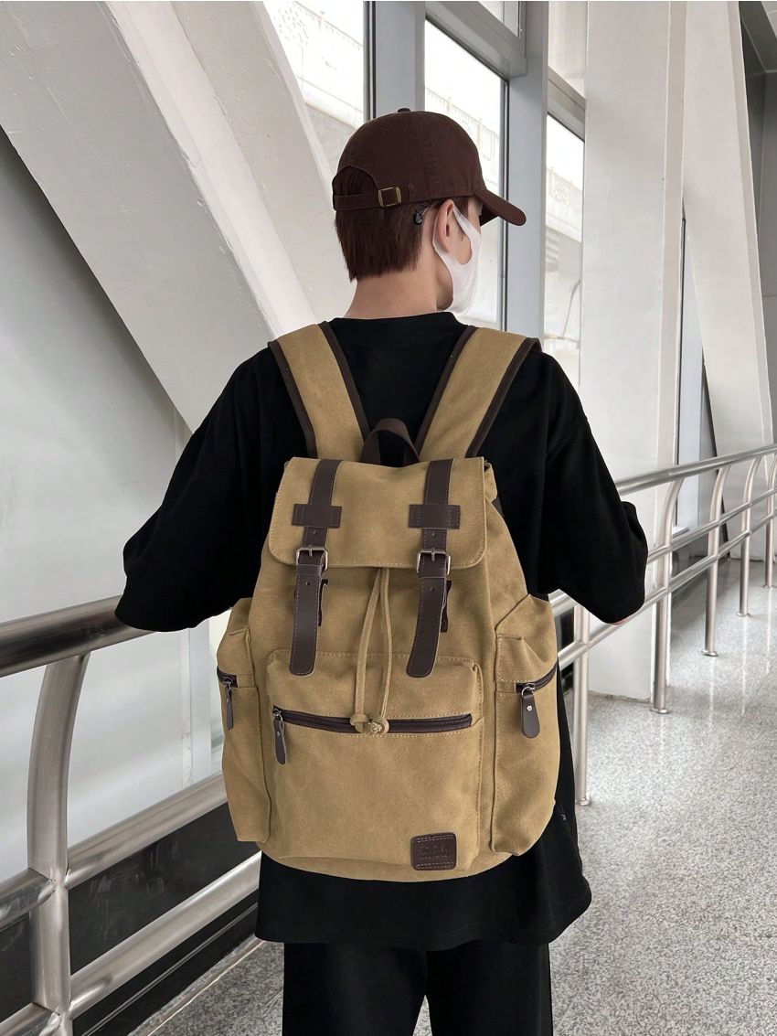 Vintage Flap Backpack Buckle Decor Drawstring Design Letter Patch Decor