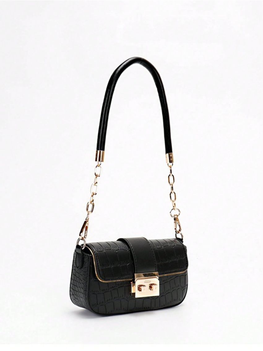 Small Flap Baguette Bag Crocodile Embossed Metal Decor Elegant