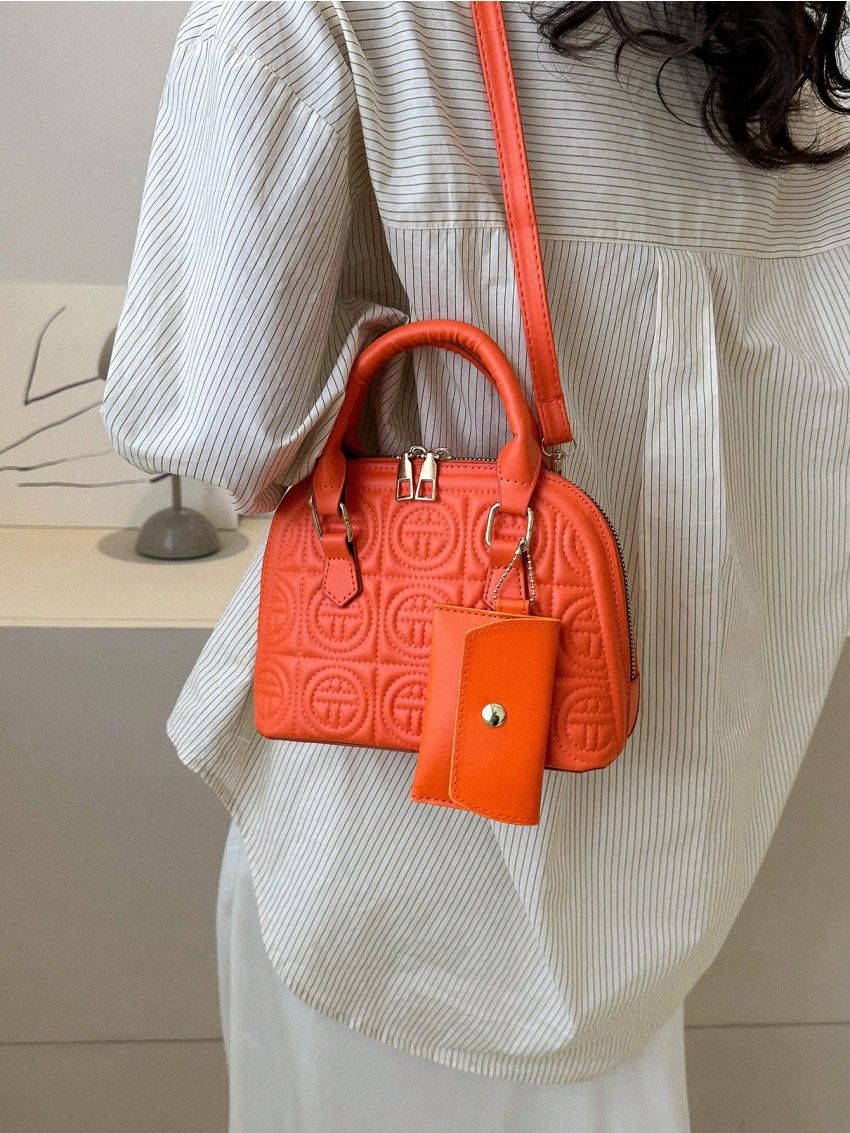 Small Dome Bag Quilted Pattern With Coin Purse Neon Orange Funky