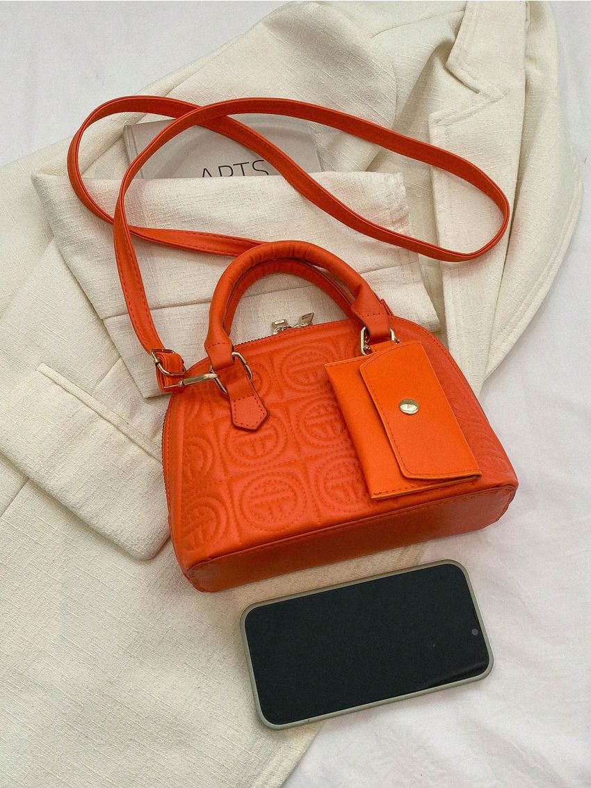 Small Dome Bag Quilted Pattern With Coin Purse Neon Orange Funky