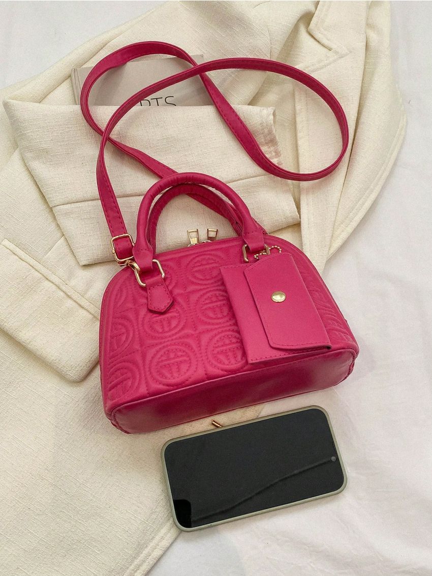 Small Dome Bag Quilted Pattern With Coin Purse Neon Pink Funky