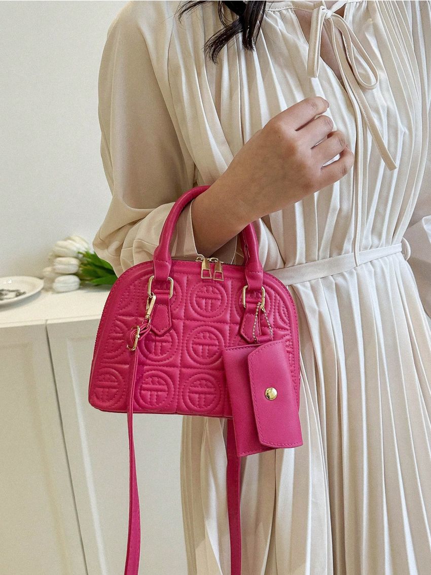 Small Dome Bag Quilted Pattern With Coin Purse Neon Pink Funky