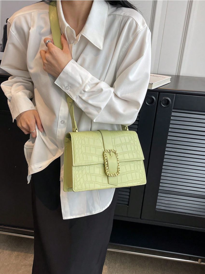 Small Flap Square Bag Embossed Detail Buckle & Chain Decor