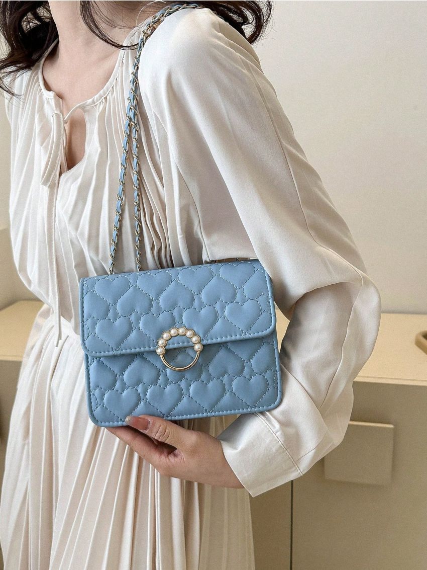 Mini Flap Square Bag Heart Quilted Pattern Pearl Decor PU