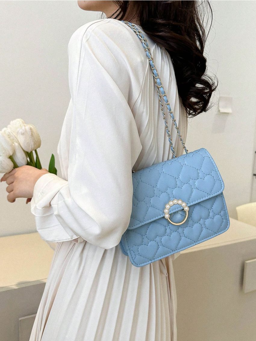Mini Flap Square Bag Heart Quilted Pattern Pearl Decor PU