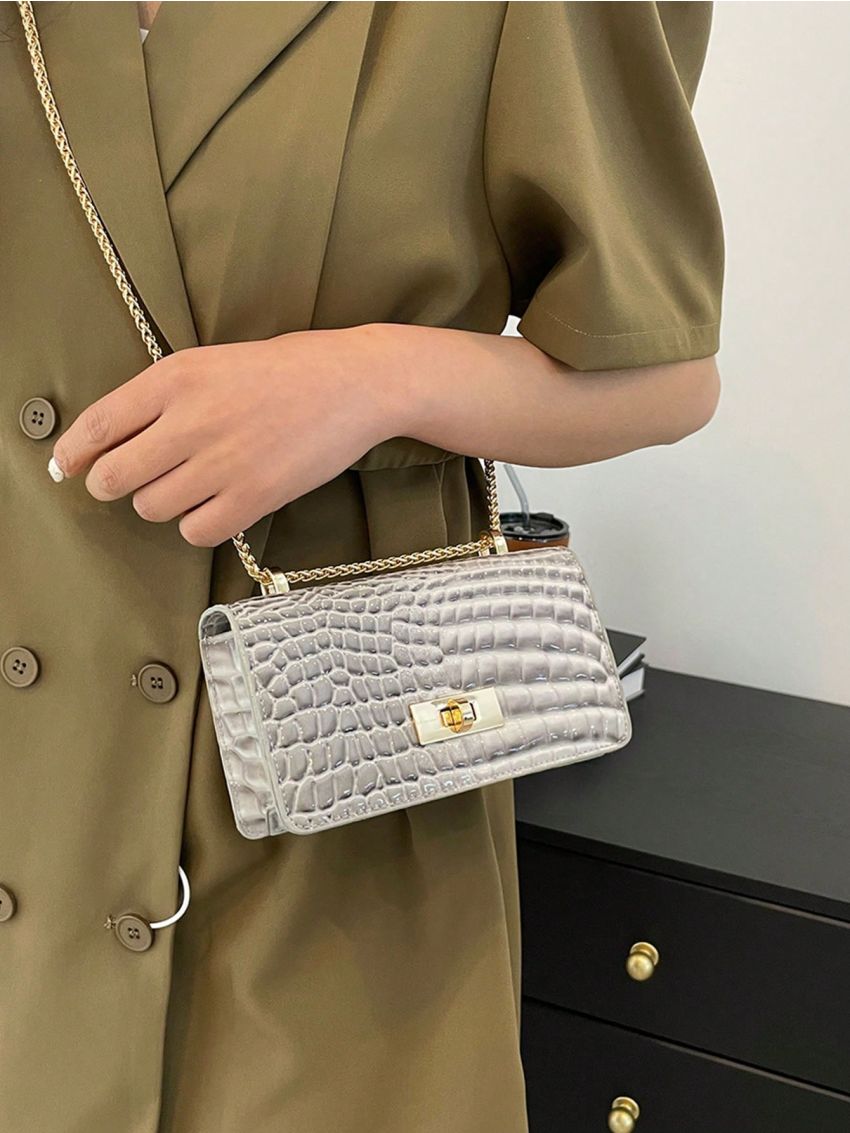 Mini Flap Square Bag Crocodile Embossed Turn Lock