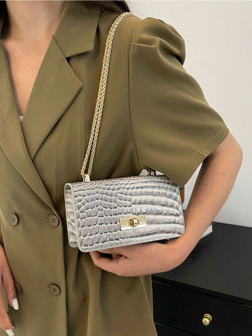 Mini Flap Square Bag Crocodile Embossed Turn Lock