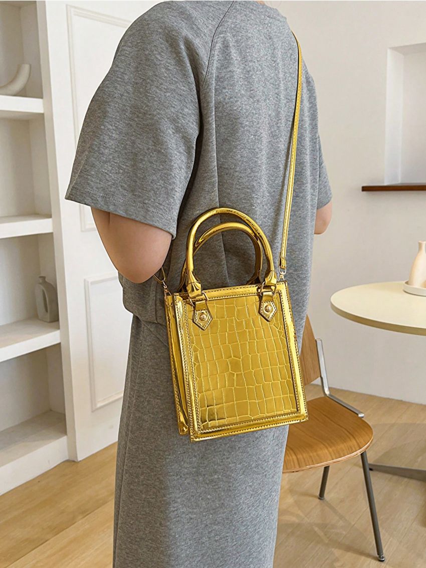 Mini Square Bag Crocodile Embossed Metallic PU Funky