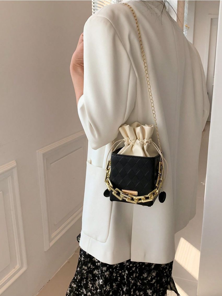 Mini Geometric Pattern Drawstring Design Pearl Decor Bucket Bag