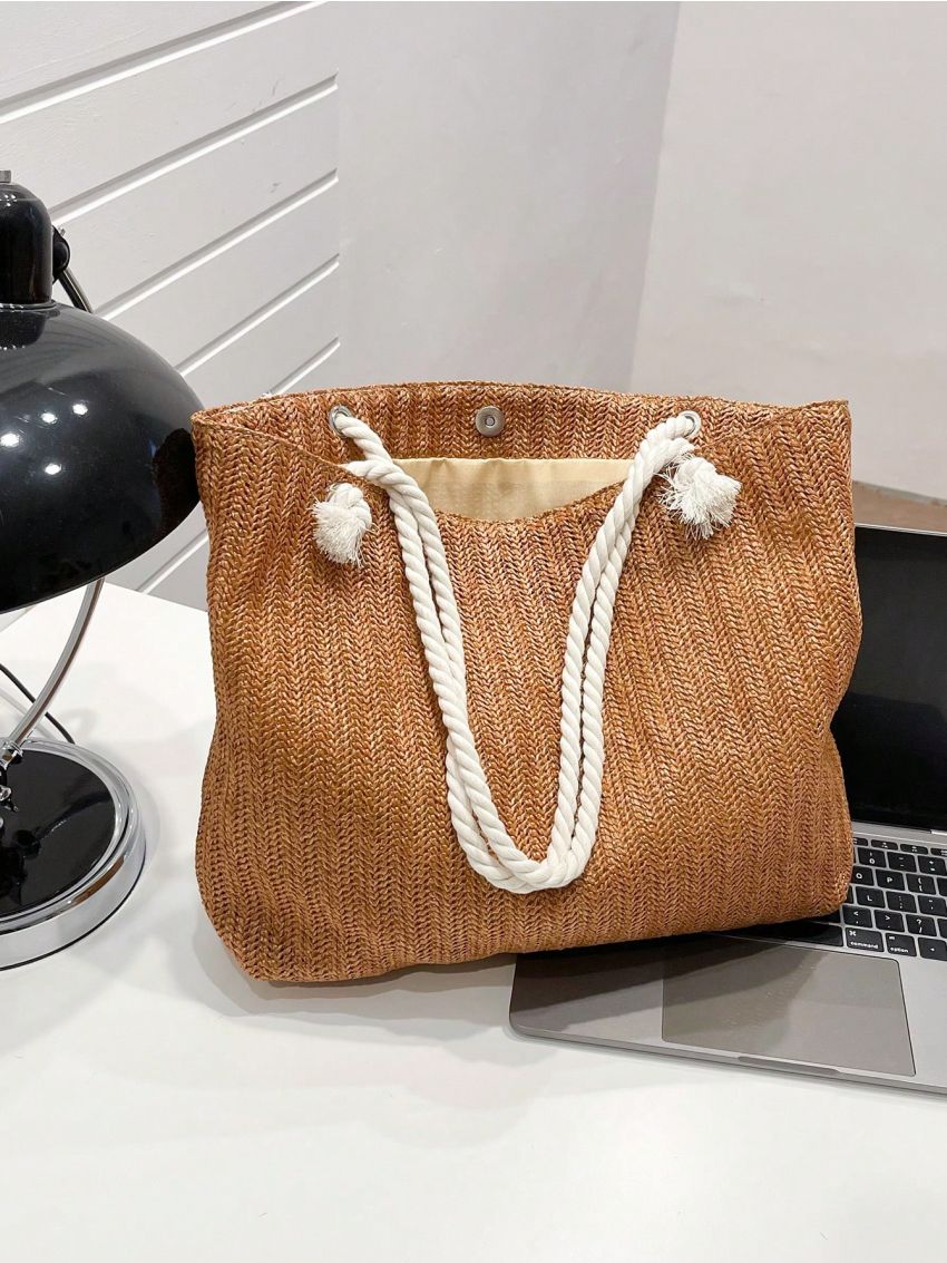 Medium Straw Bag Minimalist Double Handle For Vacation
