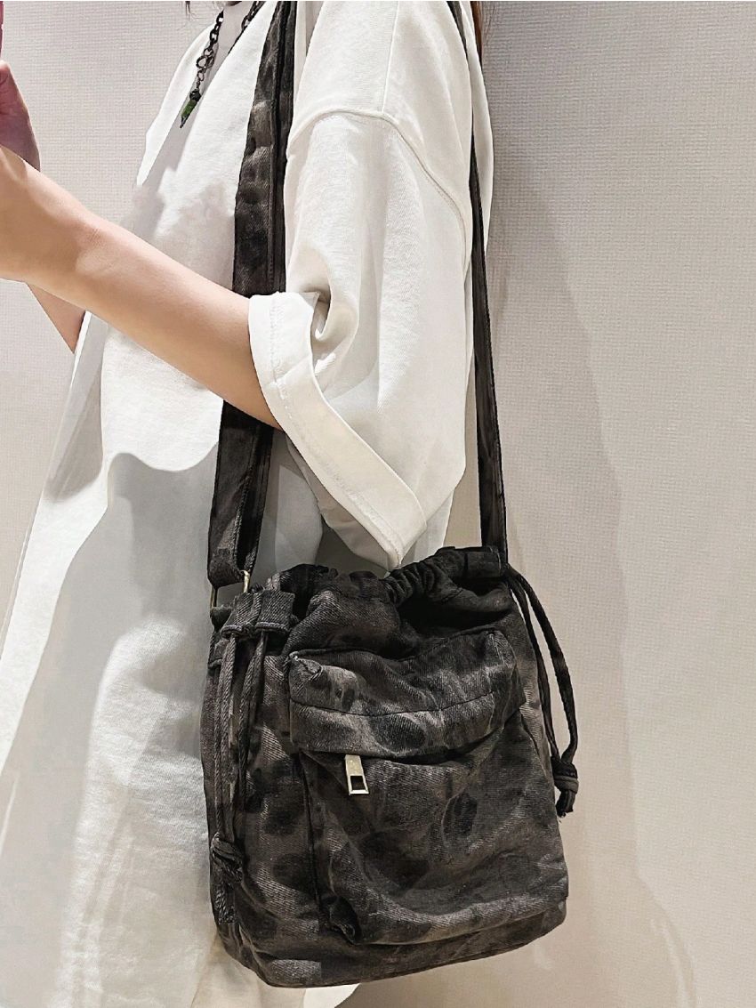 Pocket Front Bucket Bag Drawstring Design