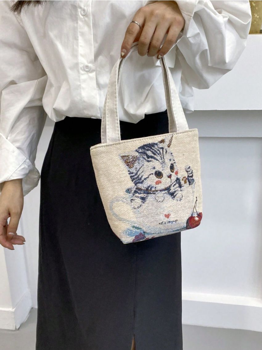 Cat Pattern Square Bag Double Handle