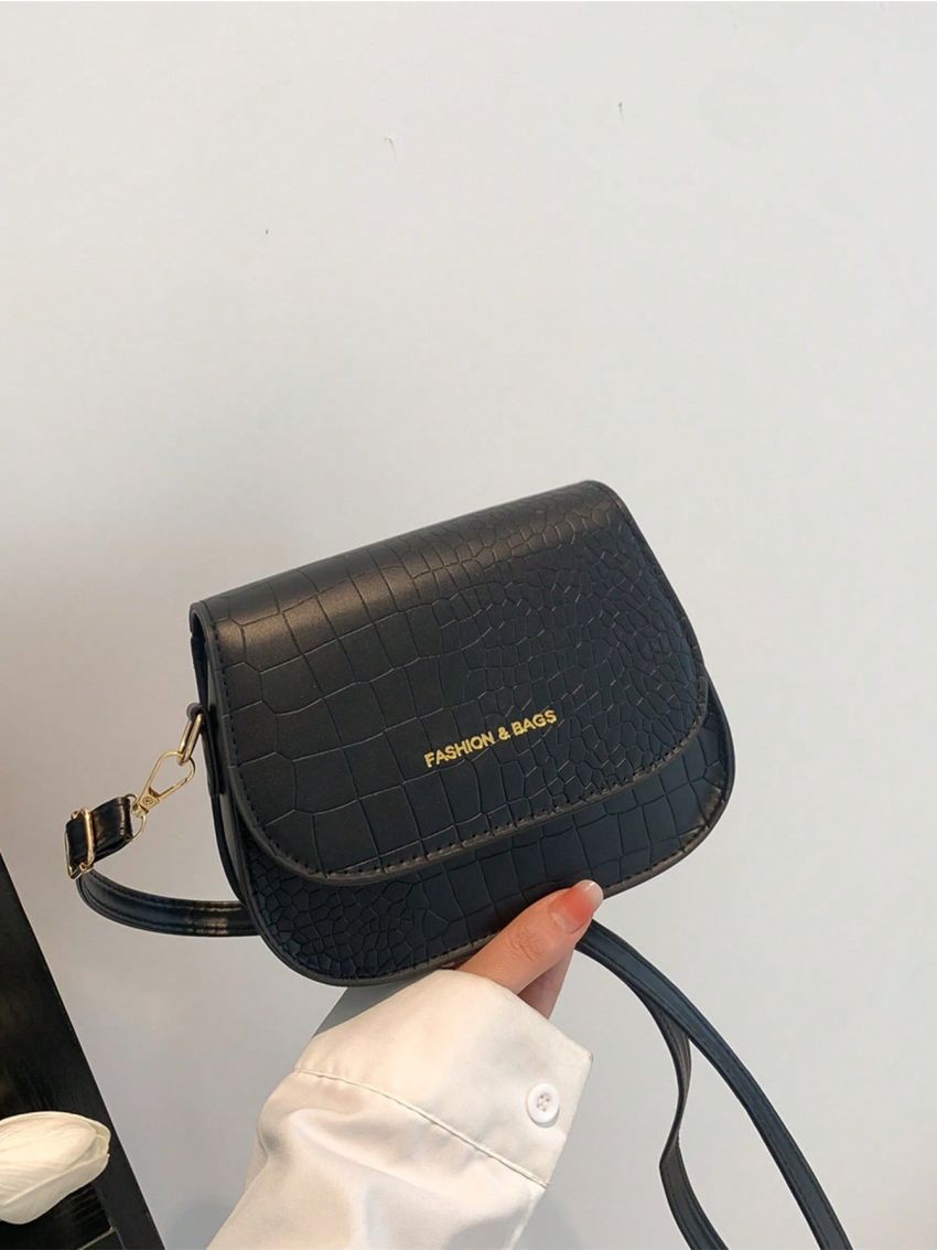 Crocodile Embossed Flap Saddle Bag Black
