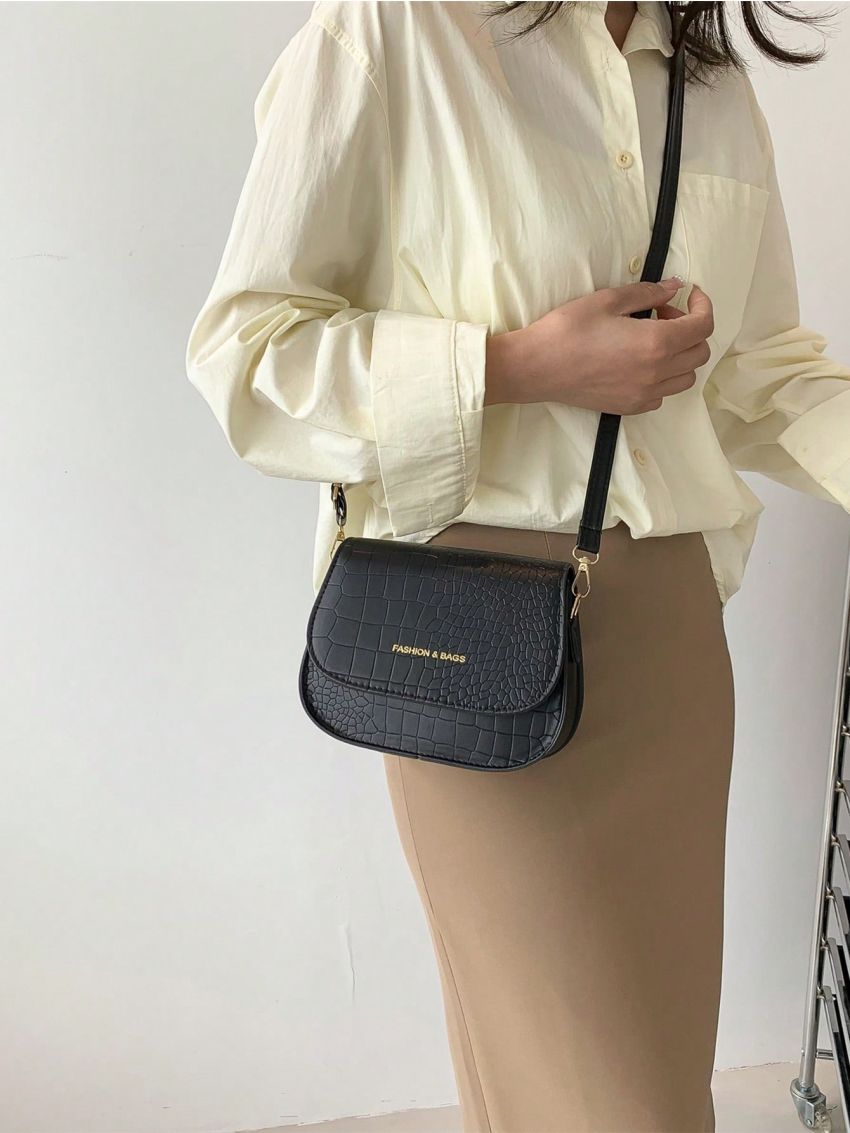 Crocodile Embossed Flap Saddle Bag Black