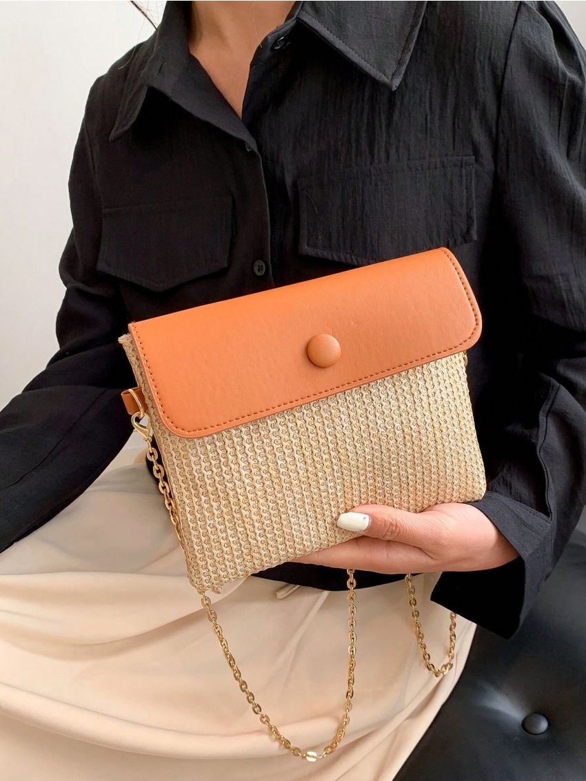 Button Detail Flap Straw Bag Vacation