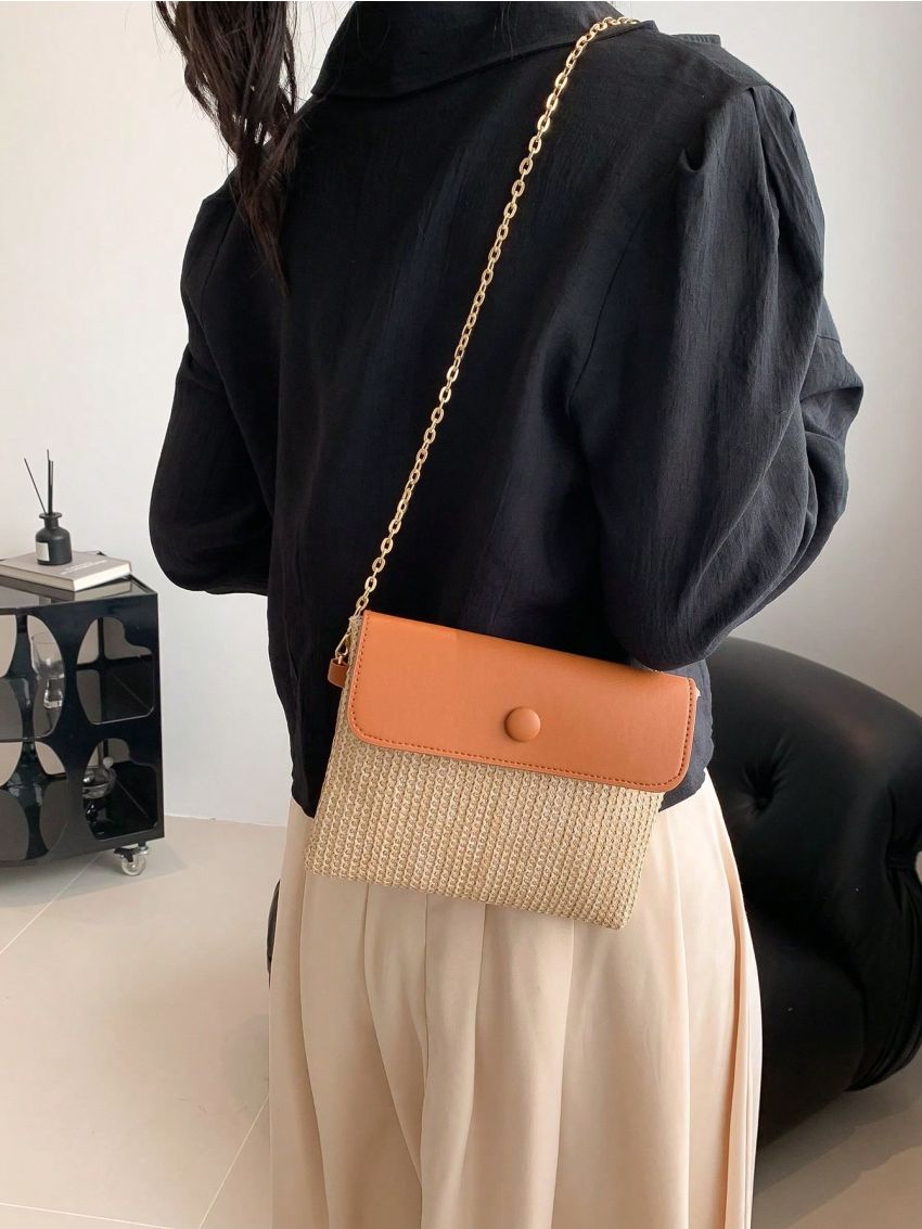 Button Detail Flap Straw Bag Vacation